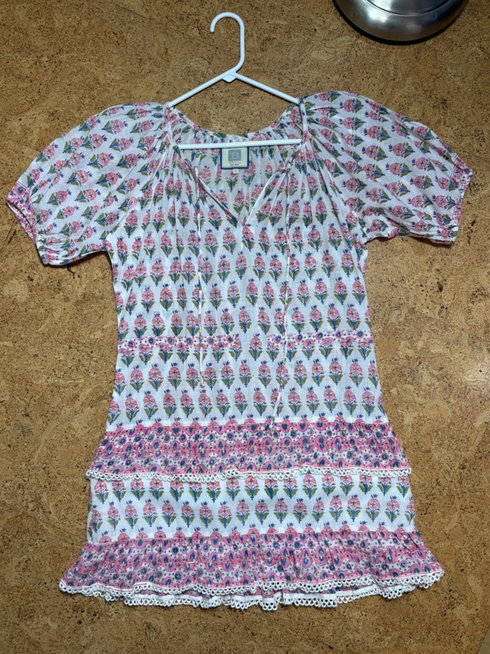 Bell By Alicia Bell Roxy Floral Cotton Tiered Mini Dress In Pink/White Sz S - Picture 9 of 15